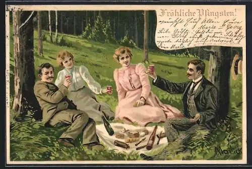 Künstler-Lithographie Alfred Mailick: Fröhliche Pfingsten!, Picknick im Grünen