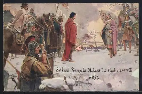 Künstler-AK Ceska Historie v Obrazich, Setkani Premysla Otakara I. s Vladislavem III. r. 1197