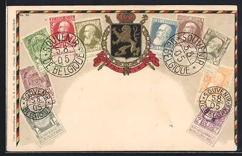 AK Belgien, Briefmarken und Wappen des Landes