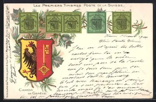 AK Schweiz, Canton de Geneve, Les Premiers Timbres Poste de la Suisse, Wappen, Briefmarken