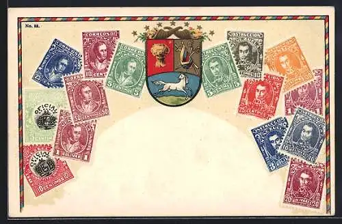 Künstler-AK Venezuela, Briefmarken und Wappen