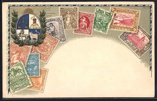 AK Uruguay, Wappen & versch. Briefmarken