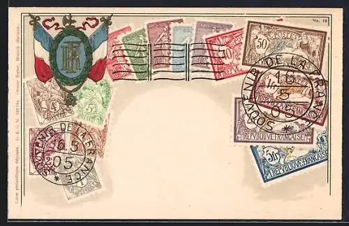 AK Frankreich, Briefmarken und Wappen mit Fahnen