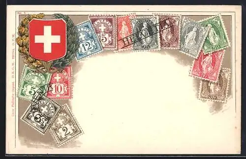 AK Schweizer Briefmarken und Wappen
