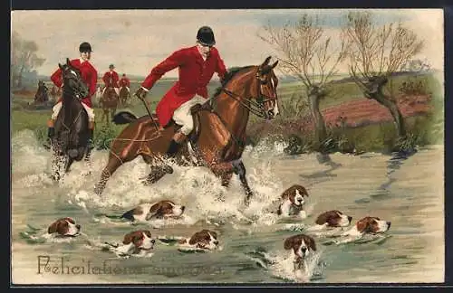 AK Reiter mit Jagdhunden an einem Fluss