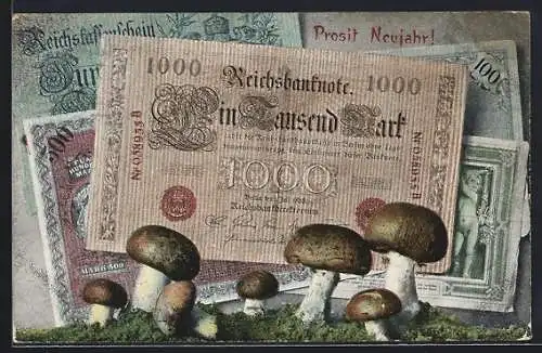 AK Reichsbanknoten 1000 Mark, 100 Mark, 500 Mark, Champignons