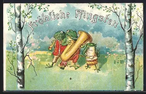 Lithographie Drei Frösche mit Blas- und Perkussionsinstrumenten, Pfingstkarte