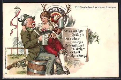 Lithographie Nürnberg, Das XII. Deutsche Bundesschiessen, Alter Mann mit Bierkrug und der Kellnerin auf dem Schoss