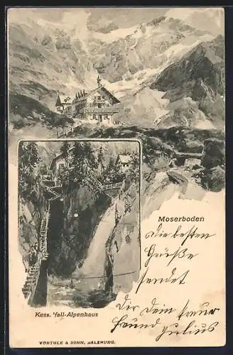 Künstler-AK Edward Theodore Compton: Kaprun, Moserbodenhotel und Kesselfall