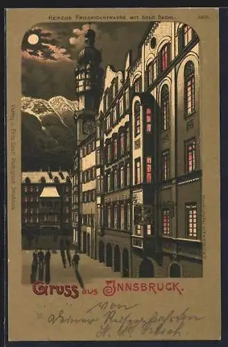 Lithographie Innsbruck, Herzog Friedrichstrasse mit Gold. Dachl