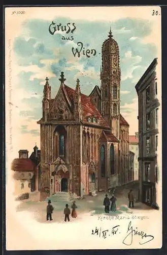 Lithographie Wien, Kirche Maria Stiegen mit Passanten