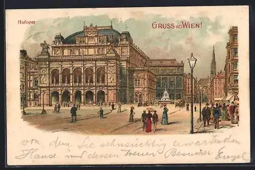 Lithographie Wien, Strassenleben an der Hofoper