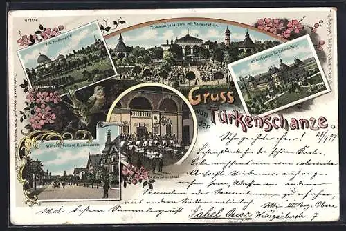 Lithographie Wien, Türkenschanz-Park mit Restaurant, K. K. Sternwarte und Hochschule für Bodenkultur