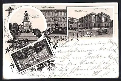 Lithographie Wien, Schiller-Denkmal, Künstlerhaus, Grillparzer Denkmal, Van Beethoven-Denkmal