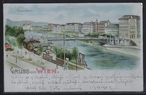 Lithographie Wien, Stadtansicht mit der Stephaniebrücke