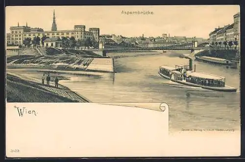 Lithographie Wien, Aspernbrücke mit Dampfer