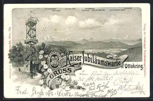 Lithographie Ottakring, Blick von der Kaiser-Jubiläumswarte in die Alpen