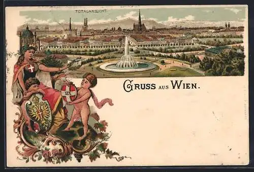 Lithographie Wien, Panoramablick über die Stadt, Passepartout mit der Austria