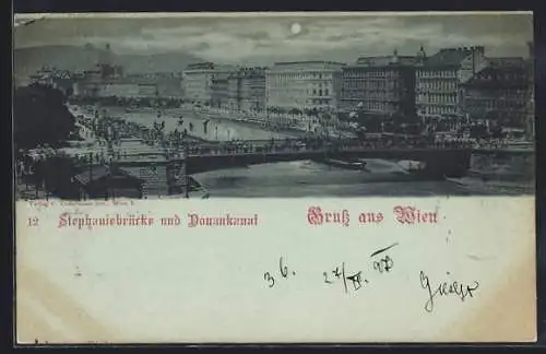 Mondschein-AK Wien, Stephaniebrücke und Donaukanal