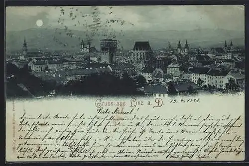 Mondschein-AK Linz a. D., Panoramablick über die Stadt