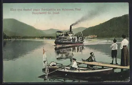 AK Achenkirch, Blick vom Seehof am Achensee gegen Scholastika, Dampfer St. Josef