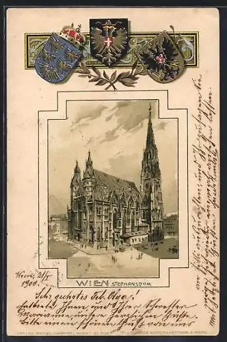 Lithographie Wien, Stephansdom und Wappen