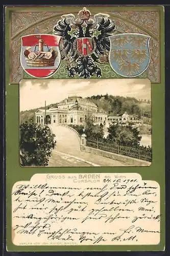 Lithographie Baden bei Wien, Cursalon, Wappen