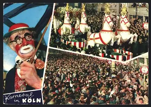 AK Köln, Karneval, Als Clown verkleideter Mann, Umzugswagen, Menschenmenge