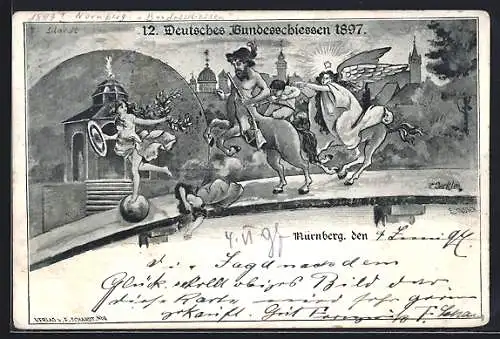 Künstler-AK Nürnberg, 12. Deutsches Bundesschiessen 1897, Engel zu Pferde und Zentaur