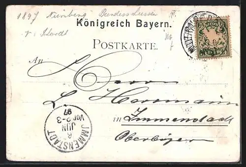 Künstler-AK Nürnberg, 12. Deutsches Bundesschiessen 1897, Engel zu Pferde und Zentaur