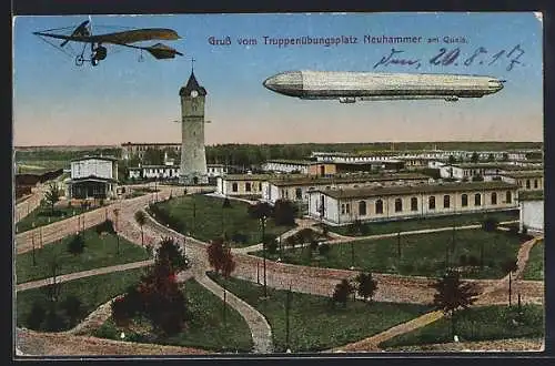 AK Neuhammer a. Queis, Truppenübungsplatz mit Zeppelin und Flugzeug