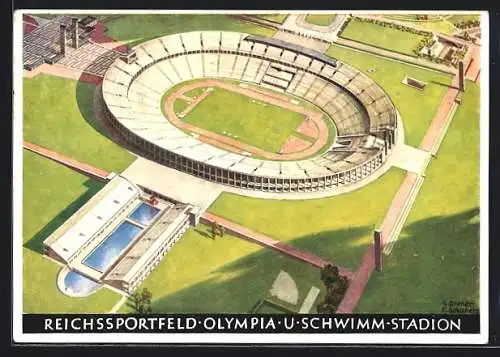 Künstler-AK Berlin, Olympische Spiele 1936, Reichssportfeld, Olympia- und Schwimm-Stadion