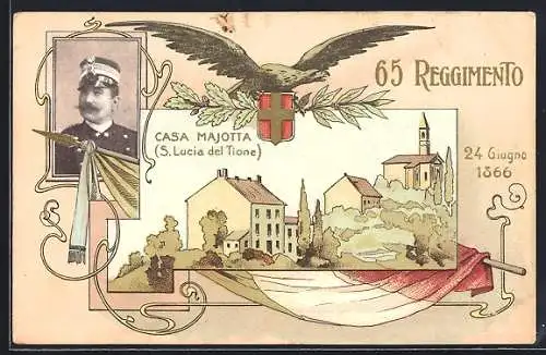 Lithographie Casa Majotta, 65. Reggimento Fanteria, Porträt Offizier, Adler mit Wappen