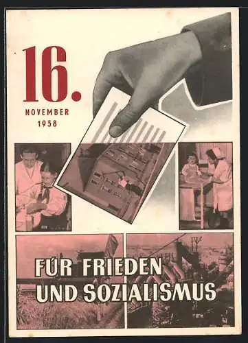 AK DDR, Für Frieden und Sozialismus 1958, Hand hält Karte mit einem Arbeiter, Kinderschwester & Kleinkind, DDR-Propagand