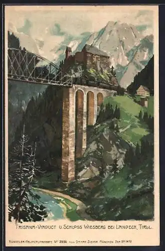 Künstler-AK Zeno Diemer: Landeck, Trisana-Viaduct u. Schloss Wiesberg