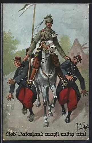 Künstler-AK A. Thiele: Lieb` Vaterland magst ruhig sein! dt. Soldat mit französ. Kriegsgefangenen