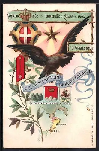 AK Reggio Calabria, Cosenza, Catanzaro, 59 & 60. Fanteria Brigata Calabria, Campagna 1866, Terremoto 1894