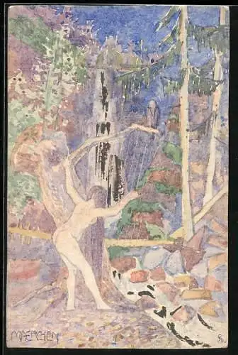 Künstler-AK Handgemalt sign. Andreas Schiebl: Märchen, Badende Dame an einem Wasserfall im Wald, Jugendstil