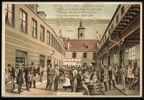 Vorläufer-Lithographie München, 1895, Münchner Hofbräuhaus mit Gästen im Innenhof