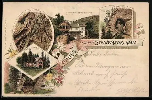 Vorläufer-Lithographie Weissenbach am Triesting, 1895, Steinwandklamm, Schutzhaus auf dem Kreuth, Gasthaus beim Eingang