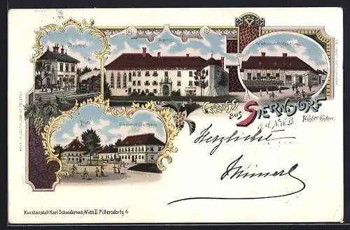 Lithographie Sierndorf a. d. N. W. B., Giesswein`s Gasthaus am Platz, Wiedermann`s Handlung, Bahnhof, Schloss