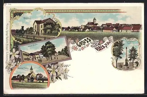 Lithographie Vitis /N.-Oe., Bahnhof, Dreifaltigkeitssäule, Oberer und Unterer Platz, Ortsansicht