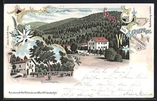 Lithographie Hinterbrühl /N.-Oe., Wassergespreng, Restaurant von M. Angeli mit Garten