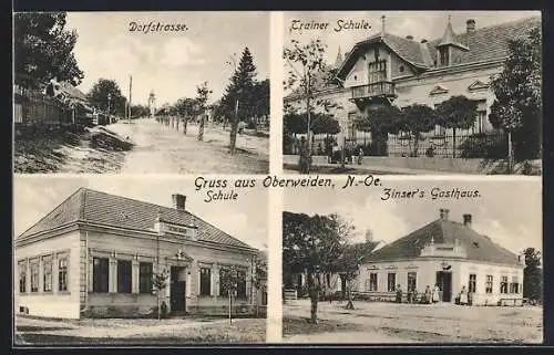 AK Weiden an der March, Oberweiden, Dorfstrasse, Trainer-Schule und Zinser`s Gasthaus