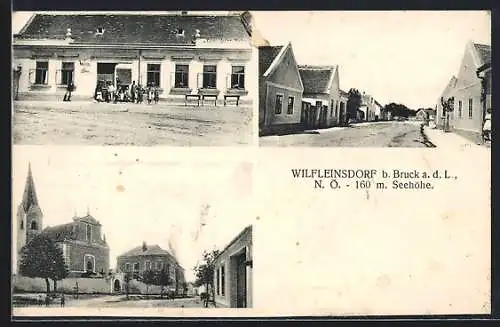 AK Wilfleinsdorf b. Bruck, N. M. Weidinger Gasthaus, Partie mit Kirche und Strassenpartie