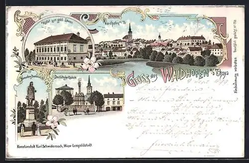 Lithographie Waidhofen /Thaya, Hotel zum goldenen Löwen, Ortsansicht, Hamerling Denkmal