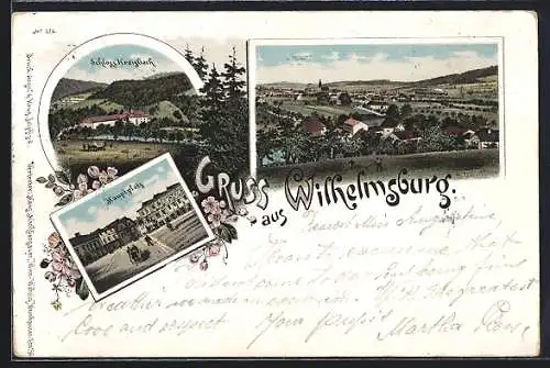 Lithographie Wilhelmsburg, Partie am Hauptplatz, Schloss Kreisbach