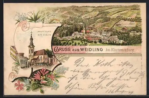 Lithographie Weidling bei Klosterneuburg, Hauptplatz mit Kirche und Gesamtansicht