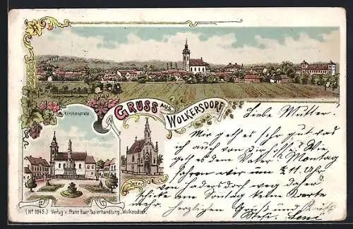 Lithographie Wolkersdorf im Weinviertel, Kirchenplatz mit einer Kirche, Panorama