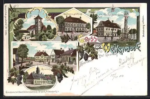 Lithographie Weikendorf, Kirche, Gasthaus z. gold. Kreuz, Dreifaltigkeits-Säule, Rathaus